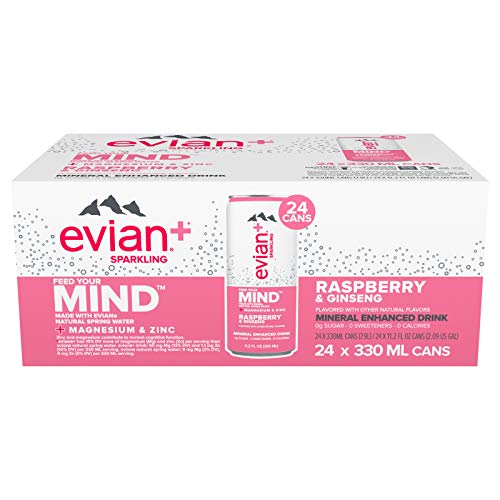 evian+ Sparkling Mineral Enhanced Drink Enhanced with Magnesium Zinc, Raspberry & Ginseng, 11.2 Cans Pack of 24, 268.8 Fl Oz