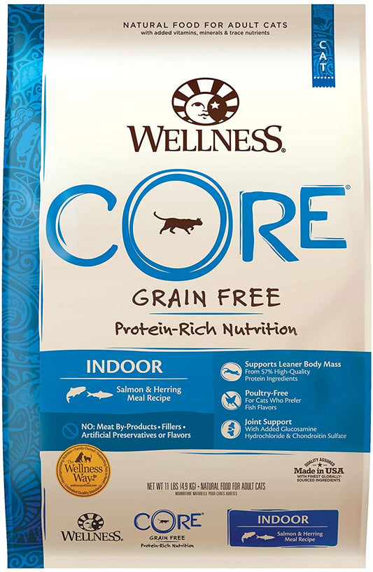 Wellness CORE Grain Free Dry Cat Food, High Protein Cat Food, Indoor, Salmon & Herring Meal Recipe, Made in USA, Natural, Adult, Added Vitamins and Minerals, Poulty Free, Joint Support, Filler Free