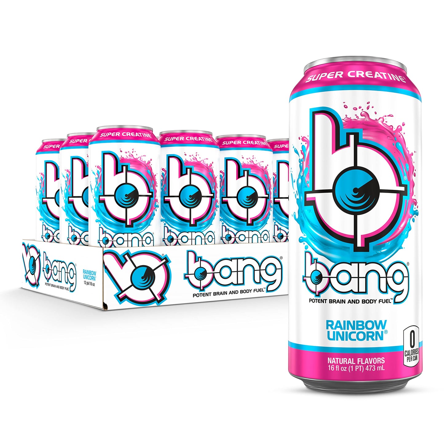 Bang Rainbow Unicorn Energy Drink, 0 Calories, Sugar Free with Super Creatine, 16 Fl Oz (Pack of 12)